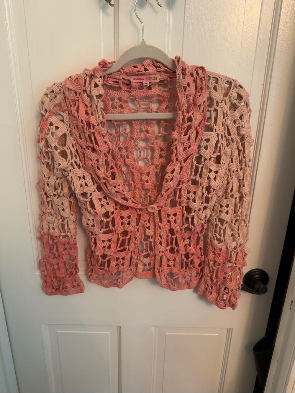 Marika Charles Crochet Cardigan Sweater Small Pink Ombré Open Knit Boho Cotton